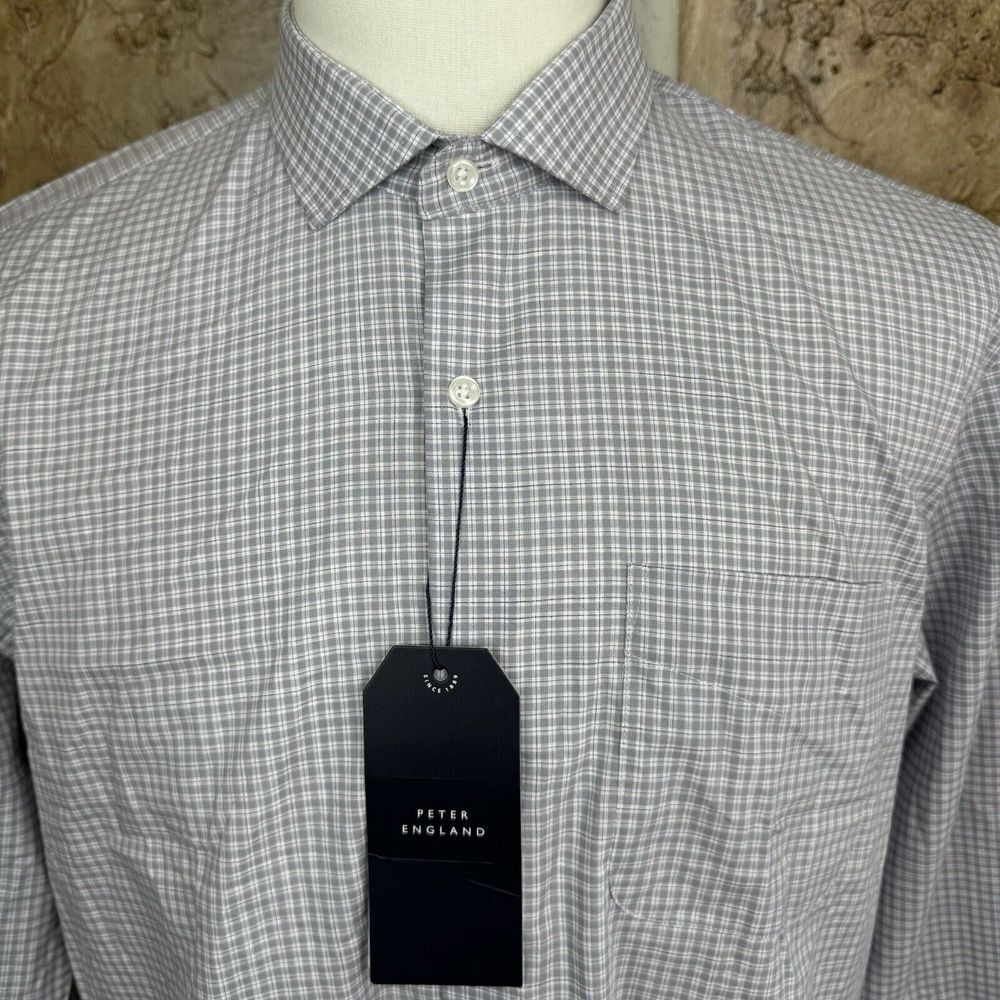 Peter England‎ Shirt Mens 42 - 16.5" Slim L/S Plaid Button up Cutaway Collar NWT